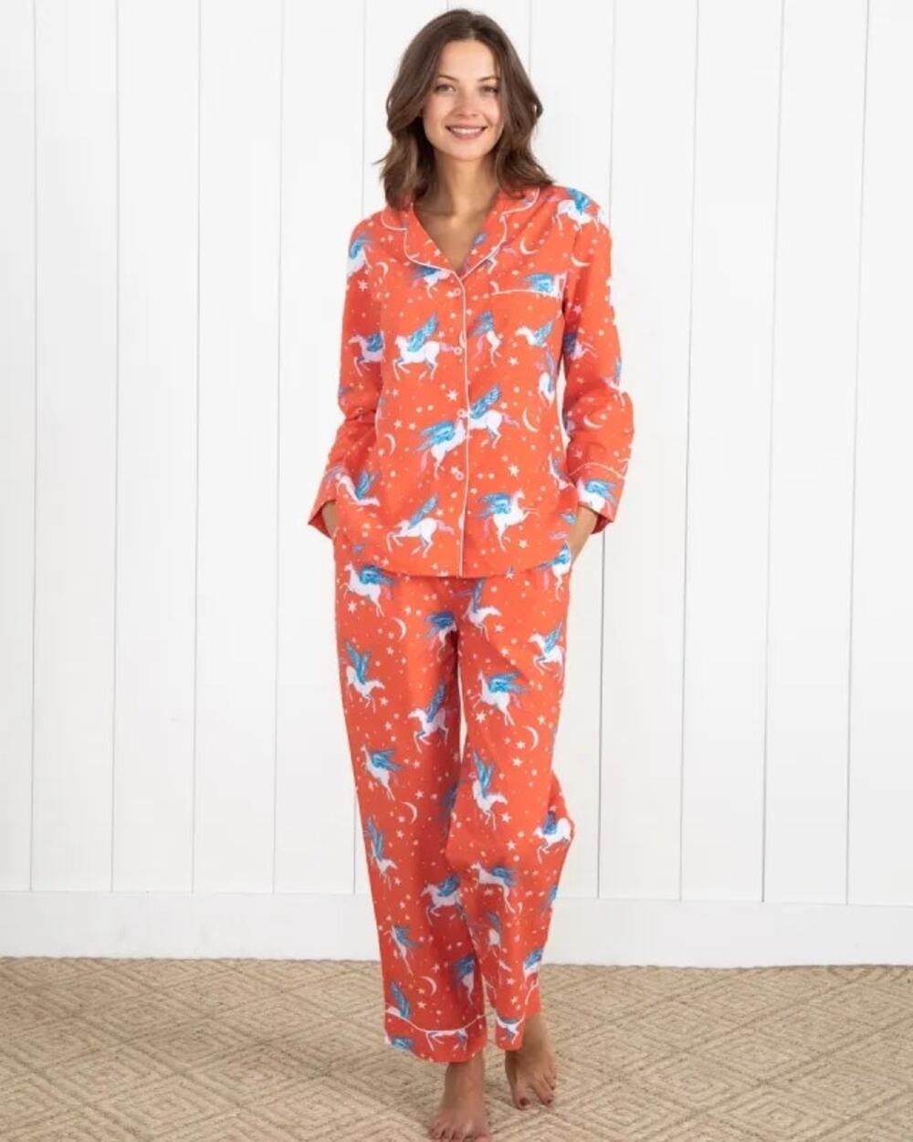 Print Fresh Moon Flight Pegasus Winged Horse Long Sleeve Pajama Set Large Coral